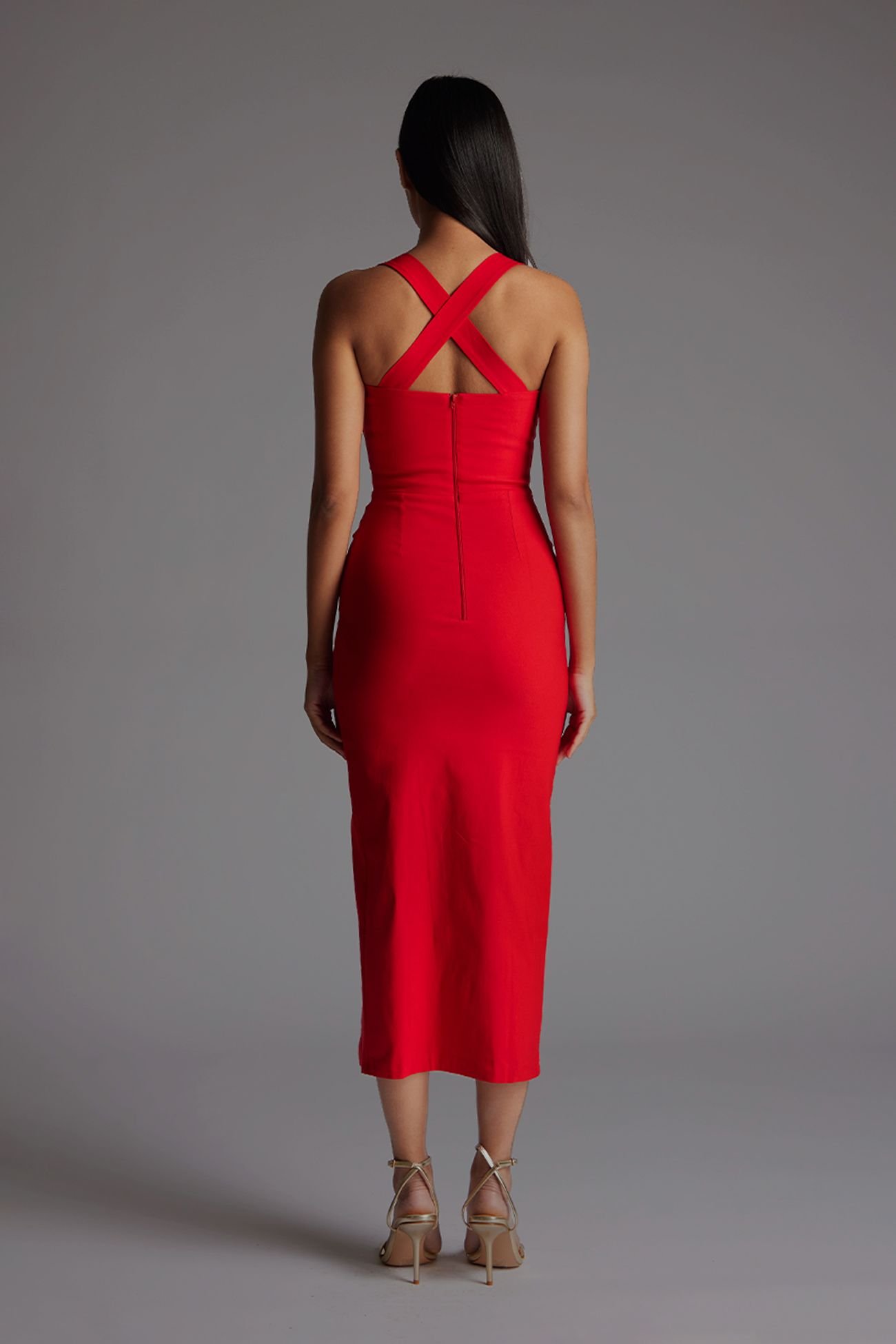 Vesper Vesper Women's Sweetheart Neckline Midaxi Dress with Cross Over Straps in Red - 4