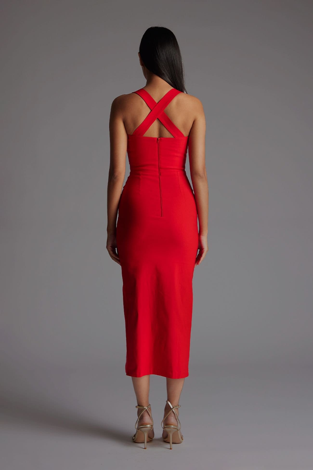 Vesper Vesper Women's Sweetheart Neckline Midaxi Dress with Cross Over Straps in Red - 4
