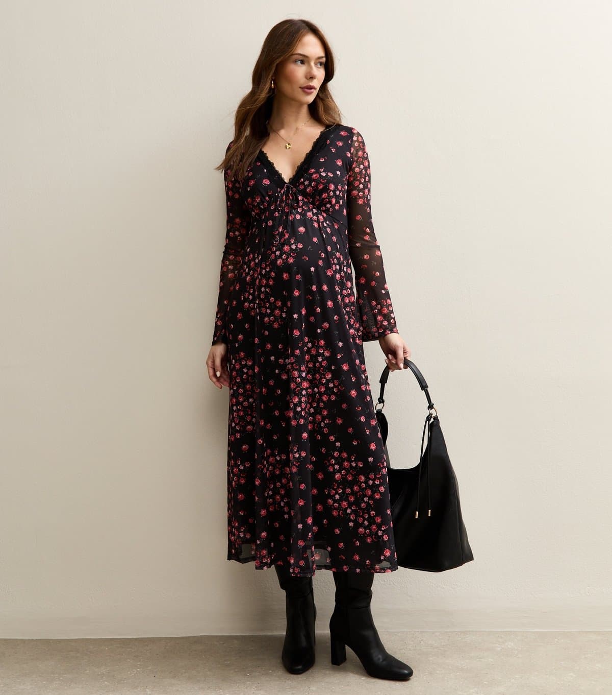 New Look Women's Maternity Black Rose Long Sleeve Lace Mesh Midi Dress New Look