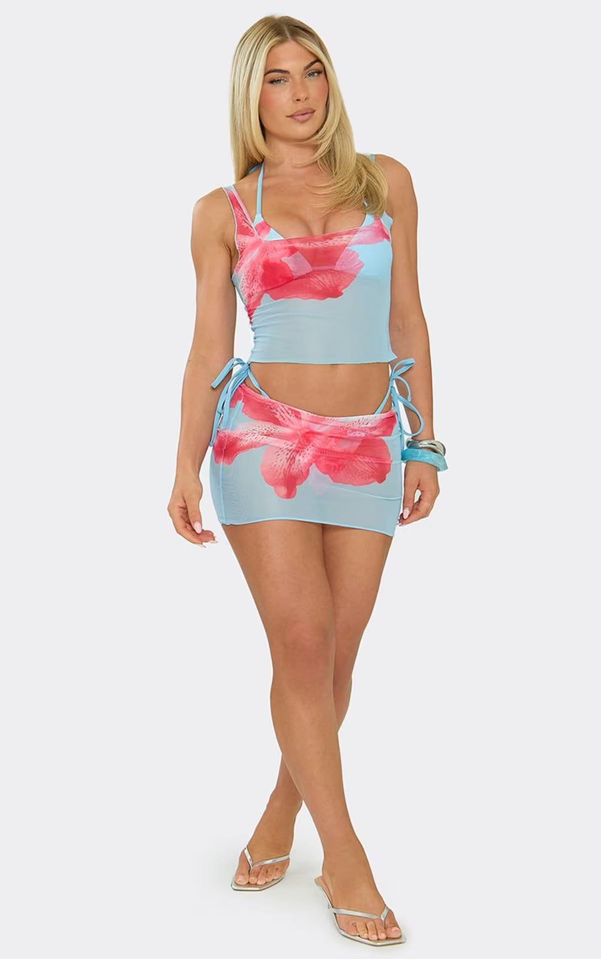 Scoop Neck Top And Skirt Beach Set In Blue Floral Print, Women's Size UK 6