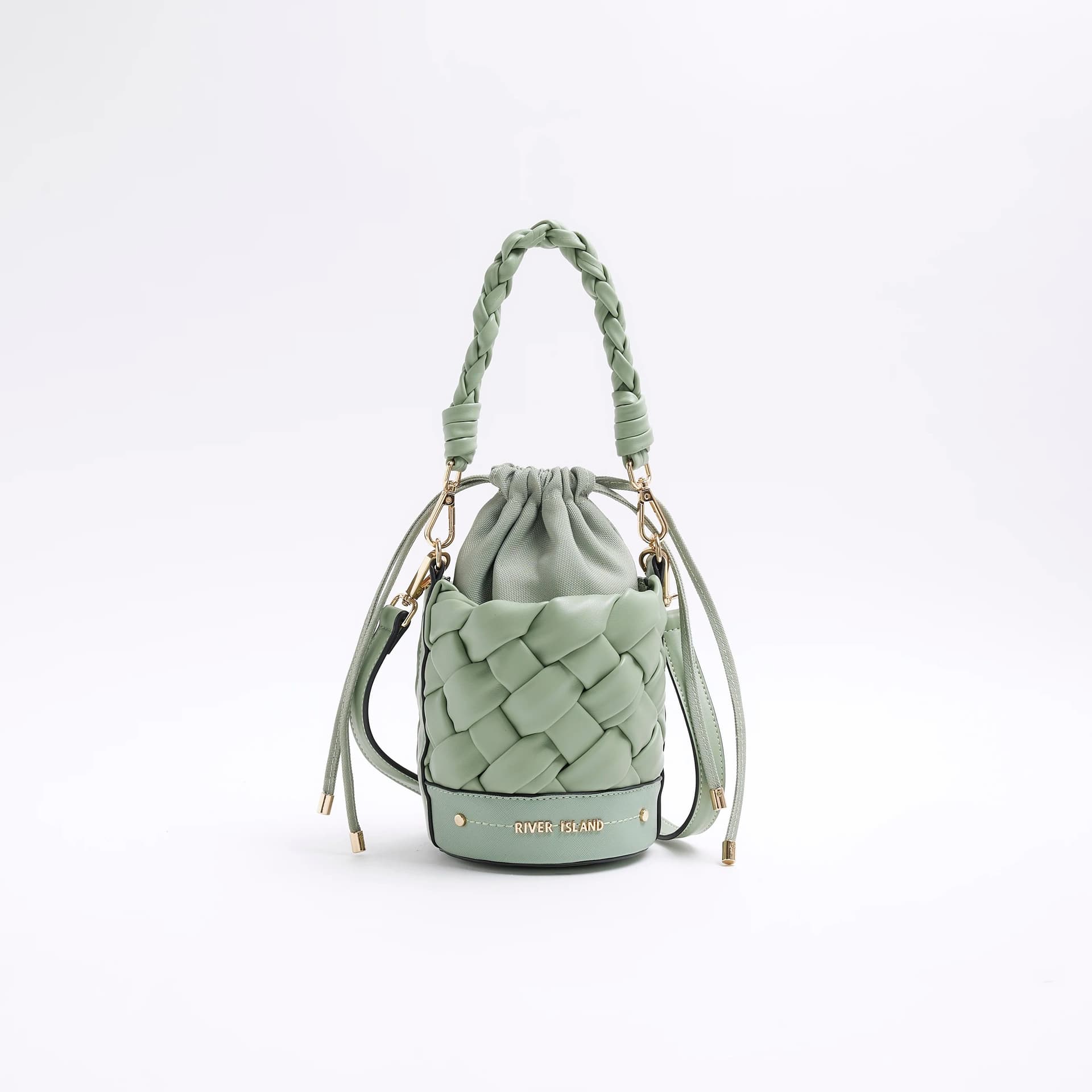 River Island River Island Womens Green Weave Bucket Cross Body Bag