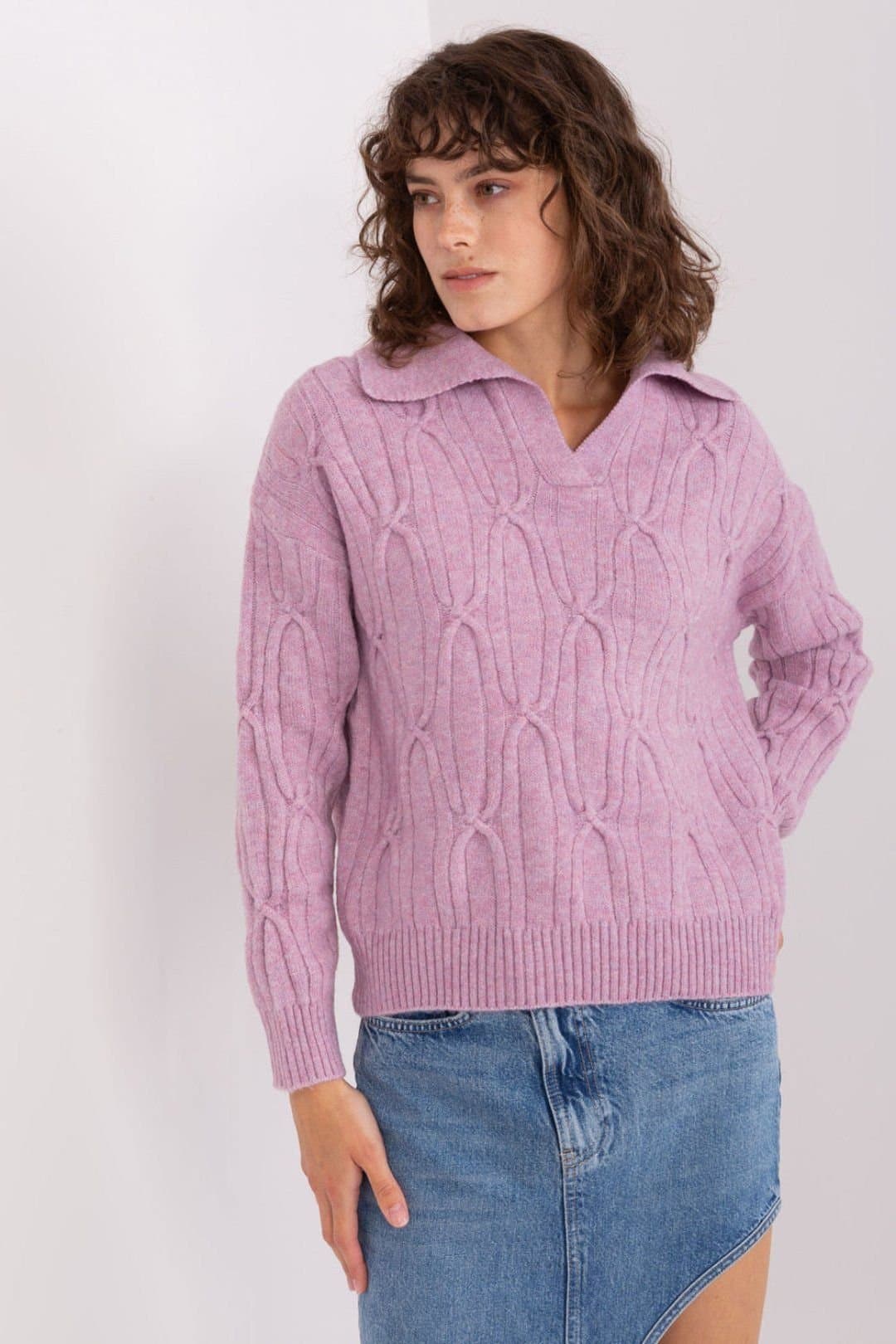 Love Lace Love Lace Women's Textured Acrylic Knit Sweater With Collar in Violet