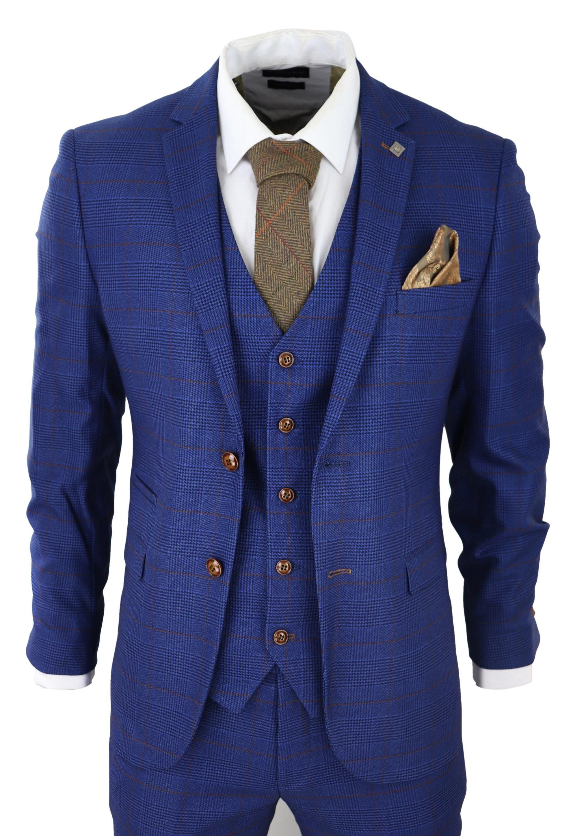 Paul Andrew Paul Andrew Men's Alex Blue Brown Check Wedding 3 Piece Suit - 1
