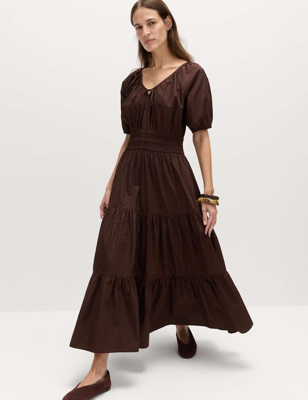 Marks & Spencer M&S Pure Cotton Tie Detail Midaxi Waisted Dress Dark Chocolate