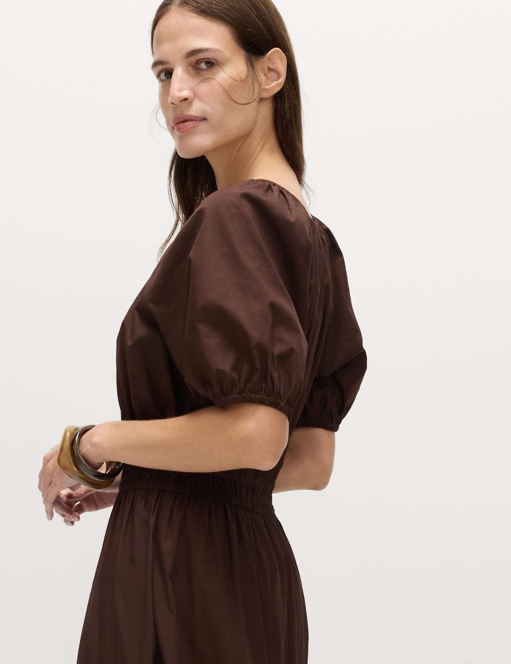 Marks & Spencer M&S Pure Cotton Tie Detail Midaxi Waisted Dress Dark Chocolate - 2