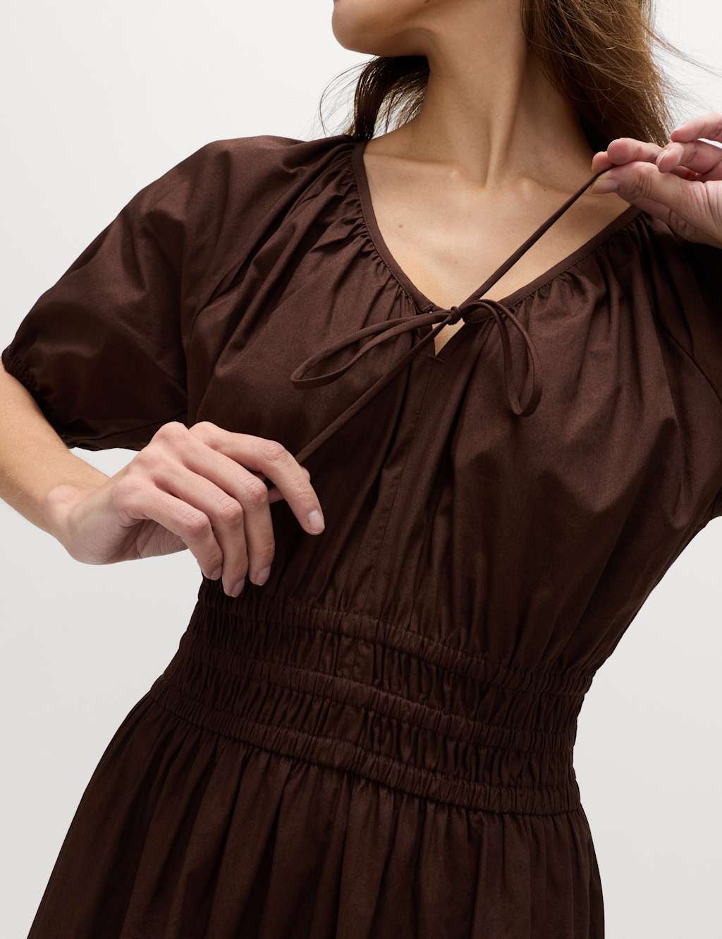 Marks & Spencer M&S Pure Cotton Tie Detail Midaxi Waisted Dress Dark Chocolate - 3