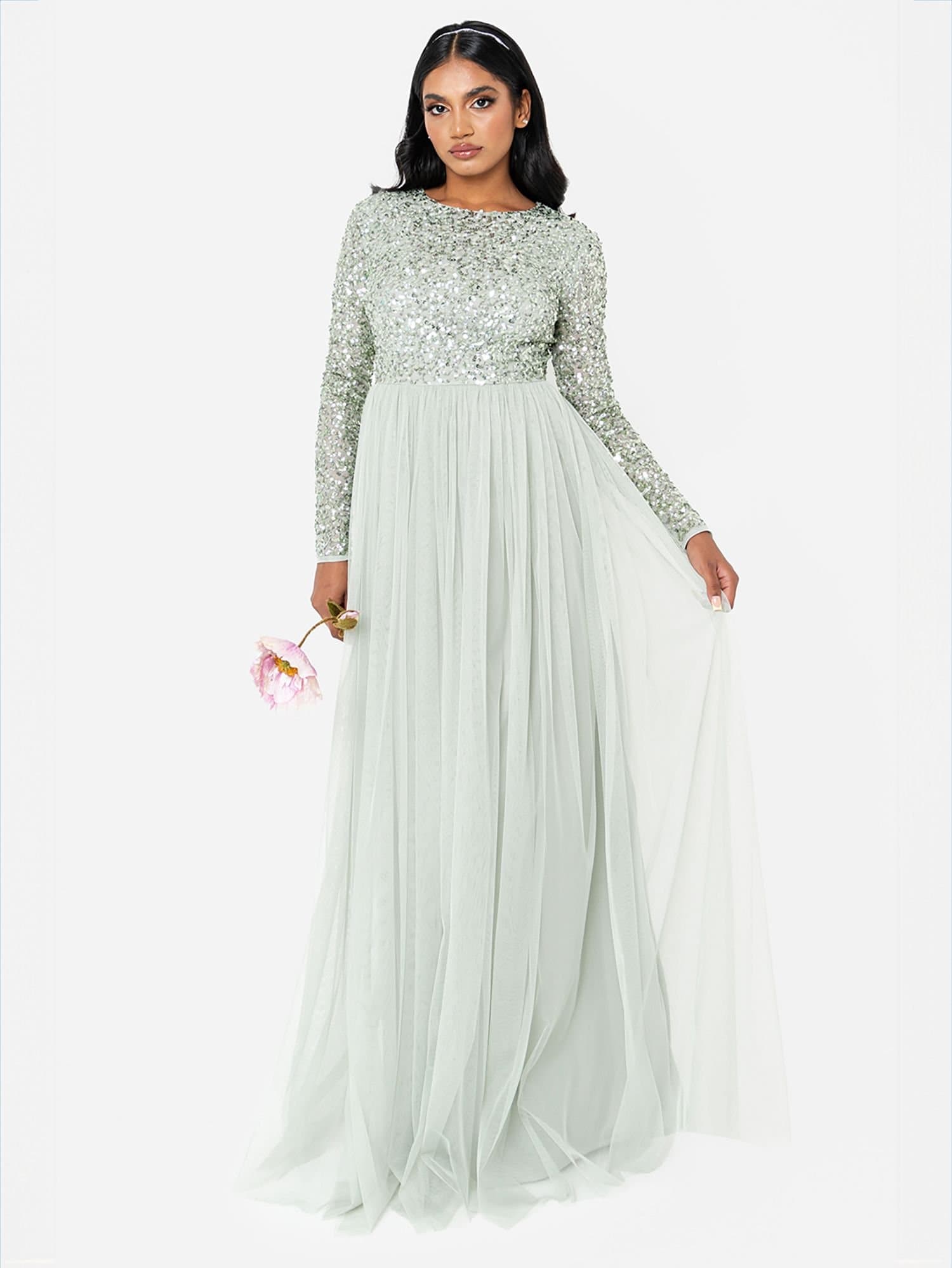 Maya Deluxe Maya Deluxe Women's Embellished Long Sleeve Maxi Dress in Mint