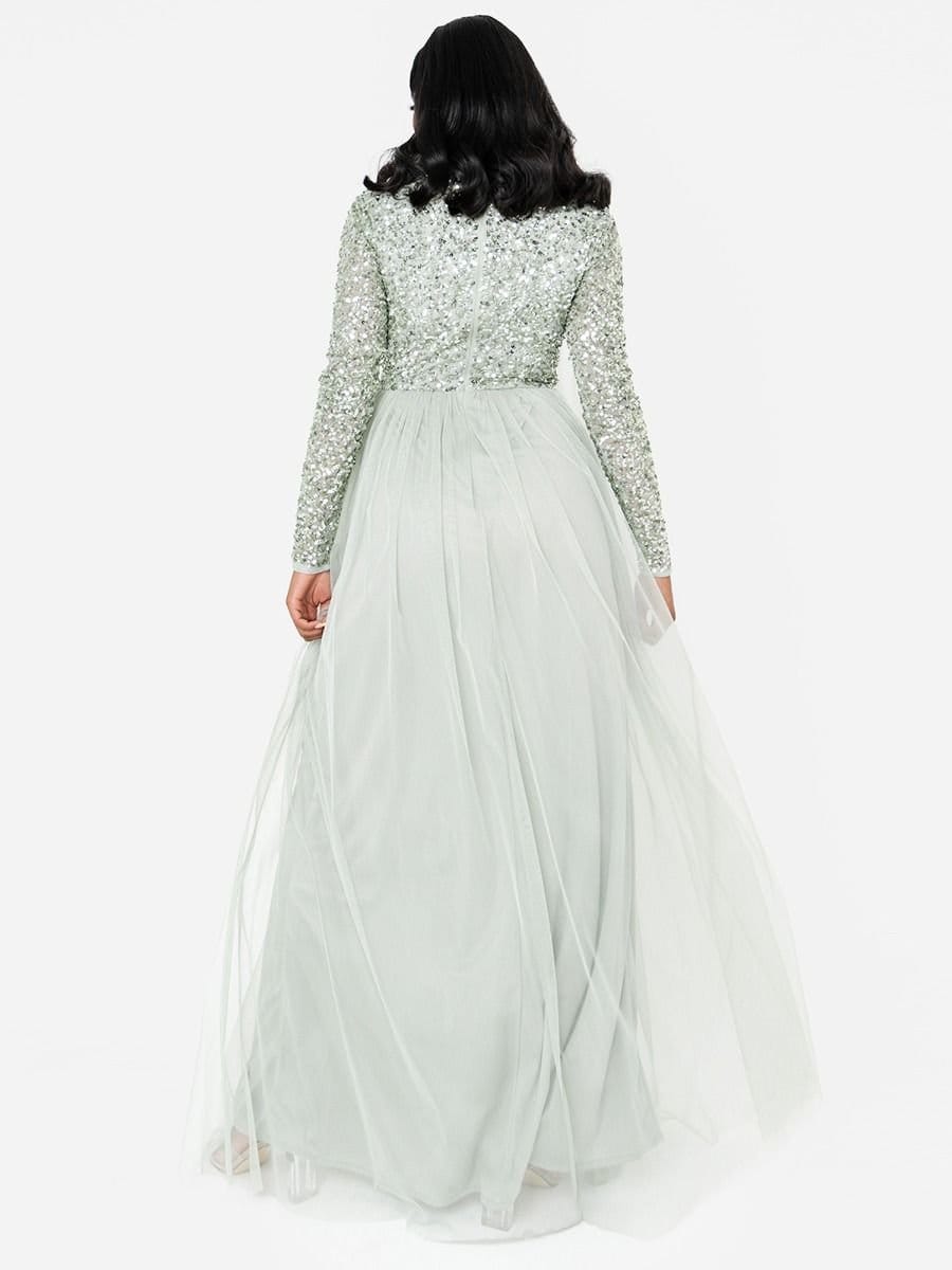 Maya Deluxe Maya Deluxe Women's Embellished Long Sleeve Maxi Dress in Mint - 4