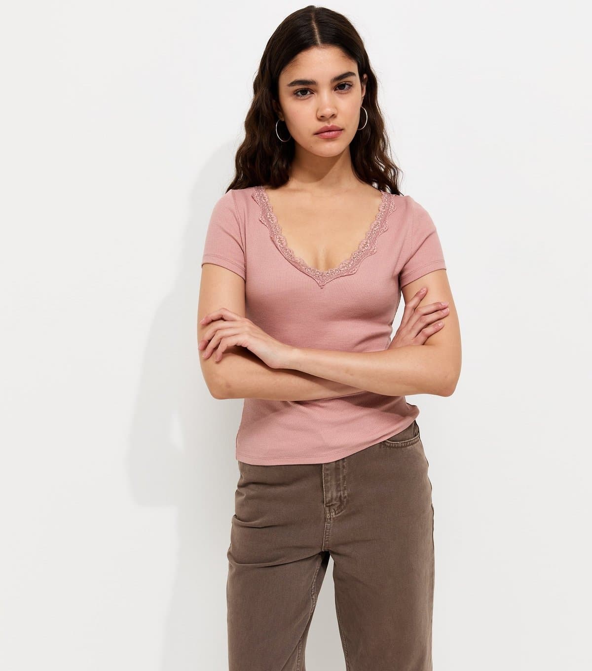 New Look Women's Light Pink Cotton Rich Ribbed Lace Trim V Neck T-Shirt New Look