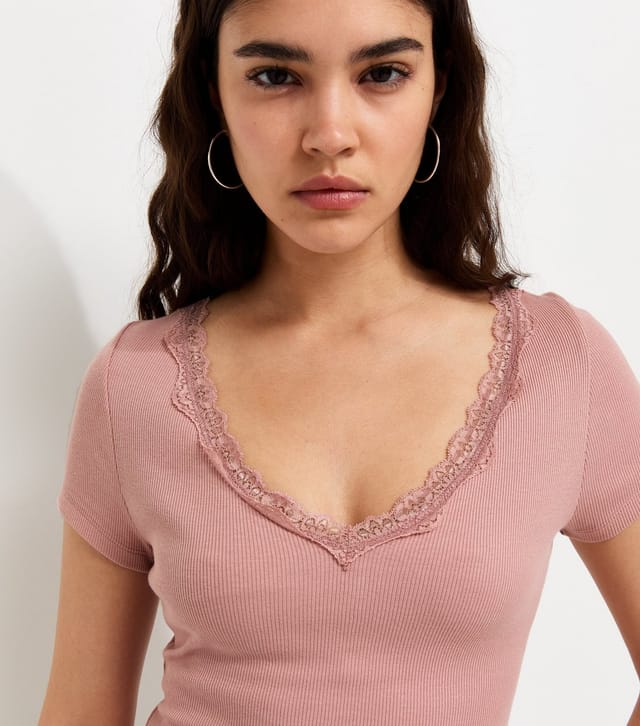 New Look Women's Light Pink Cotton Rich Ribbed Lace Trim V Neck T-Shirt New Look - 2