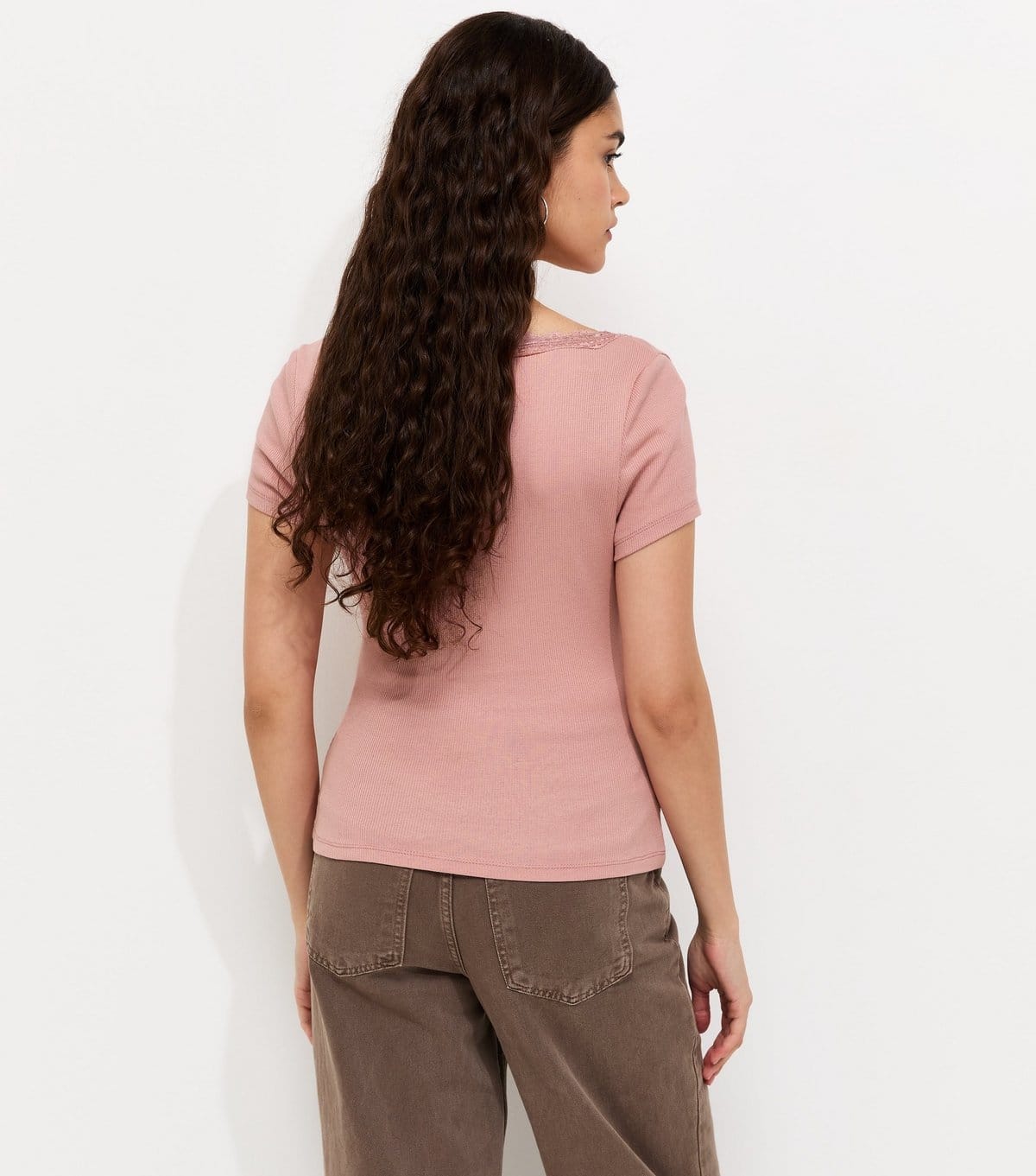 New Look Women's Light Pink Cotton Rich Ribbed Lace Trim V Neck T-Shirt New Look - 4