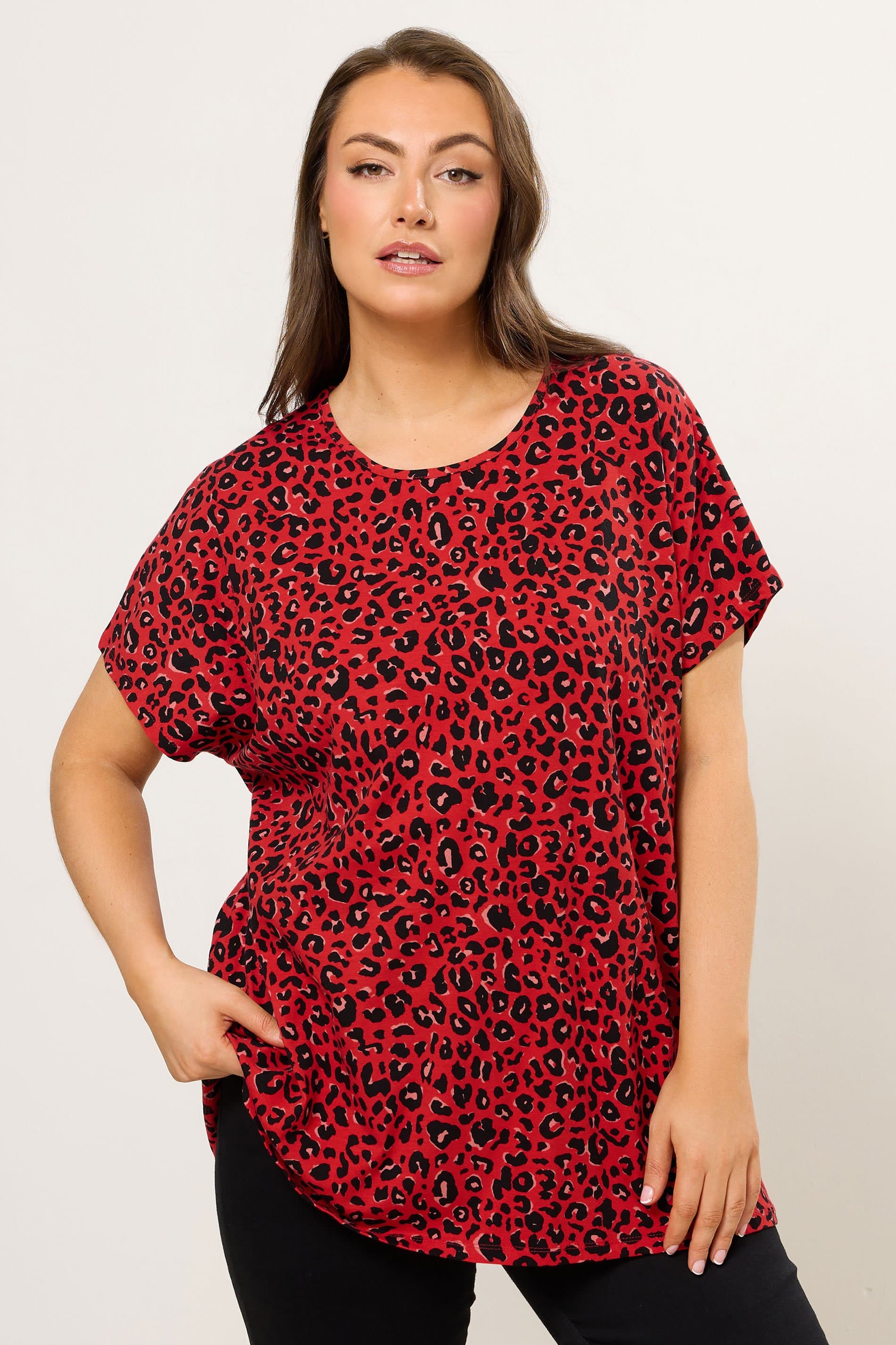 Yours Plus Size Red Leopard Drop Shoulder Top