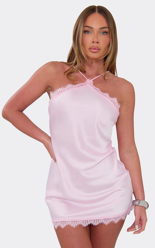 EGO Halterneck Two Tone Lace Trim Mini Dress In Baby Pink, Women's Size UK 6 - 2