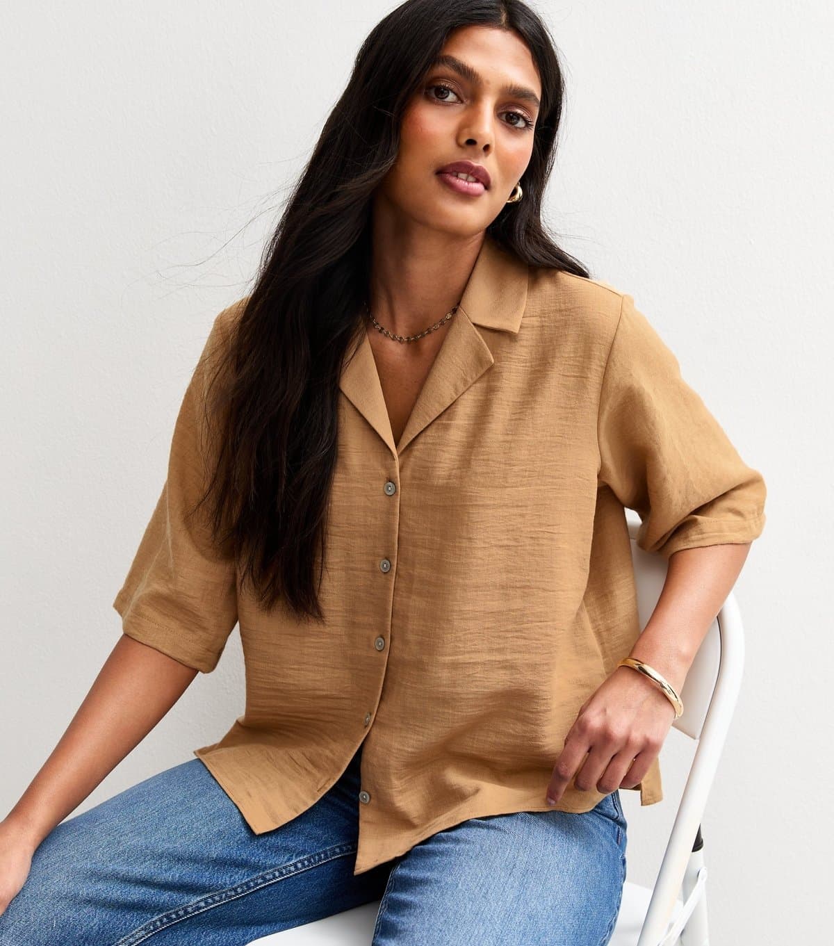 New Look Women's Brown Revere Collar Short Sleeve Shirt New Look