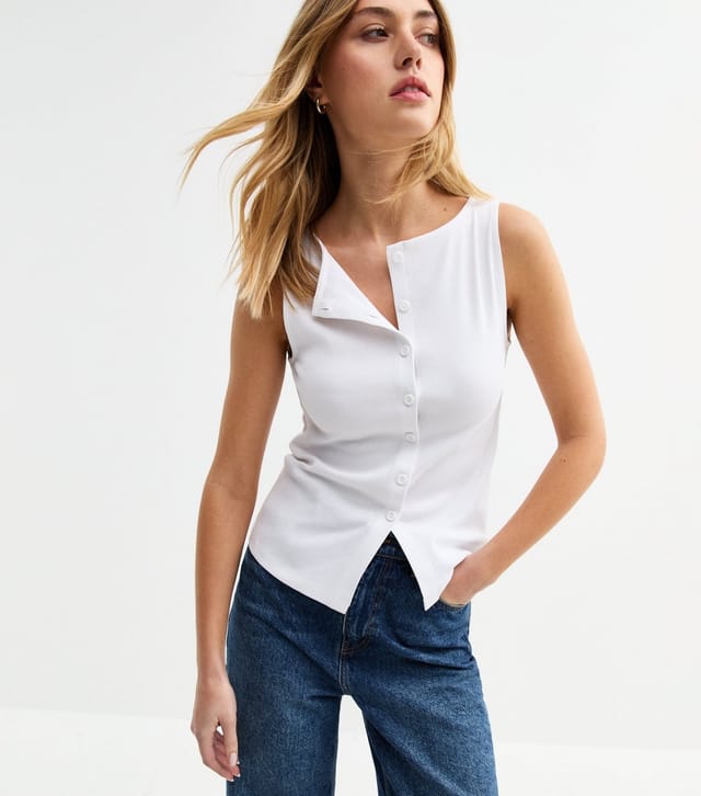 New Look Women's White Rib Button Through Tank Top New Look - 3