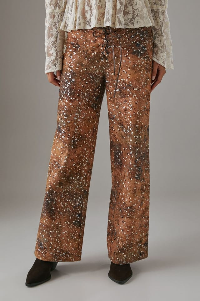 Warehouse Warehouse Women's Suedette Sequin Lace Up Trouser in Brown - 2