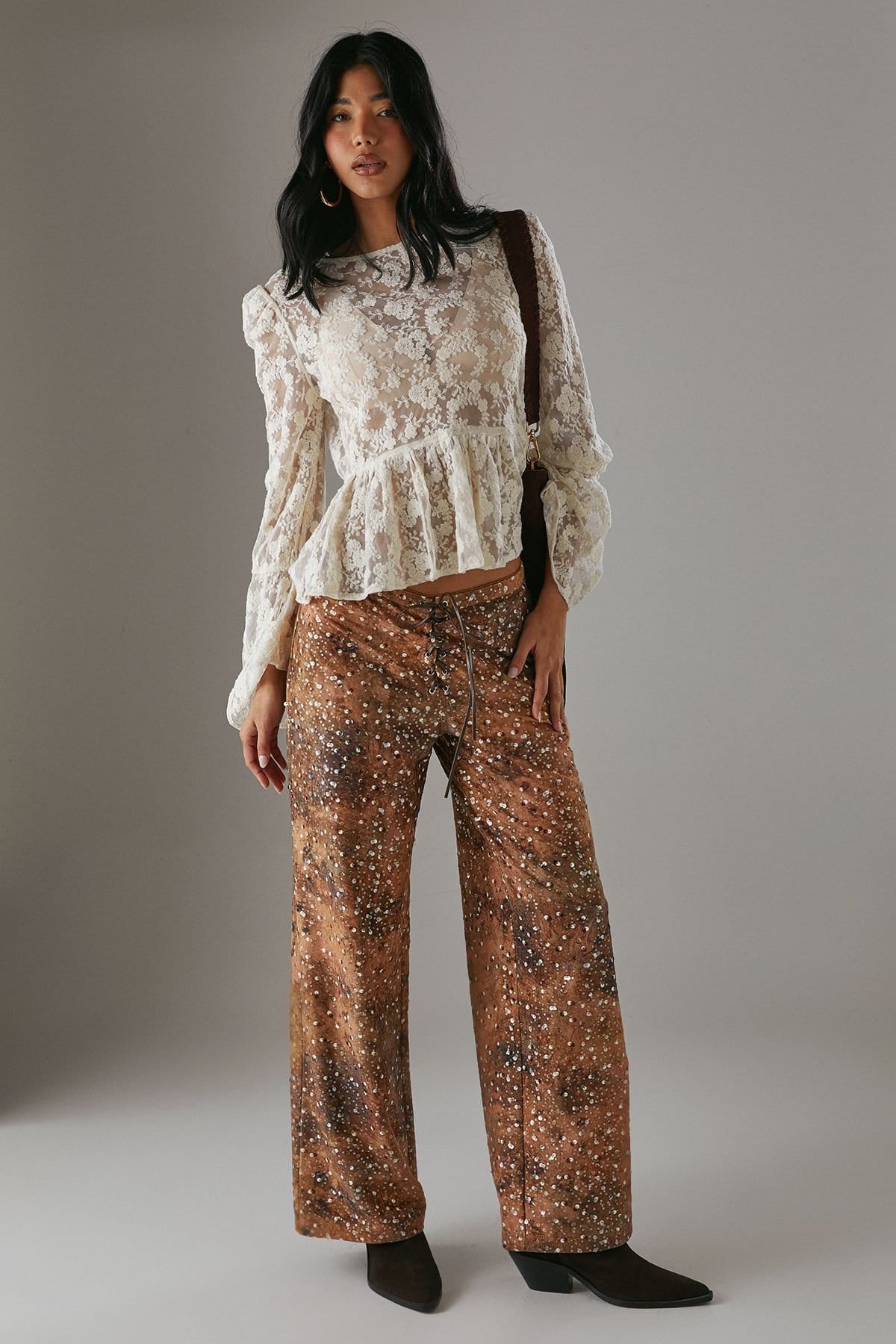 Warehouse Warehouse Women's Suedette Sequin Lace Up Trouser in Brown - 4
