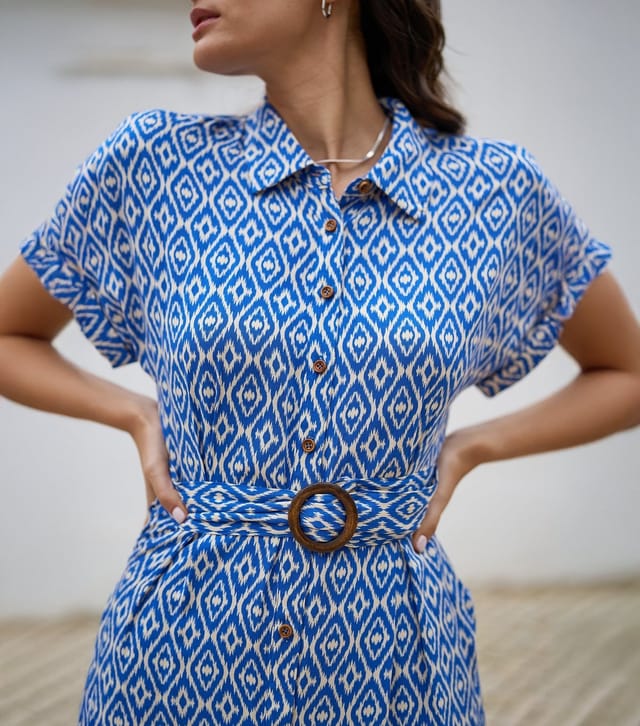 Yumi Women's Blue Geometric Print Shirt Dress Yumi New Look - 3