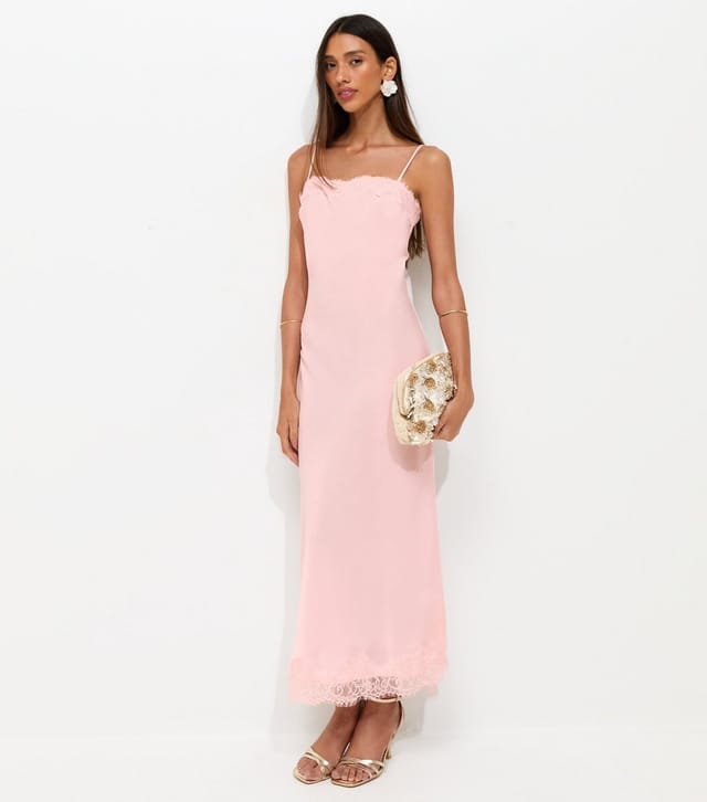 New Look Women's Pink Satin Lace Trimmed Midi Dress New Look - 2