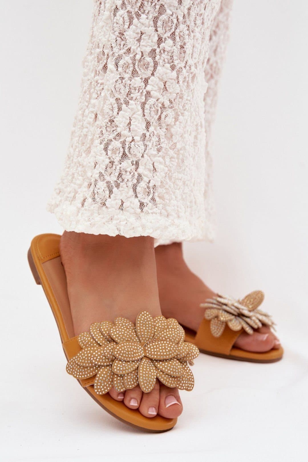 Love Lace Love Lace Women's Comfortable Flat Flip Flop Sandals with Decorative Front in Mustard