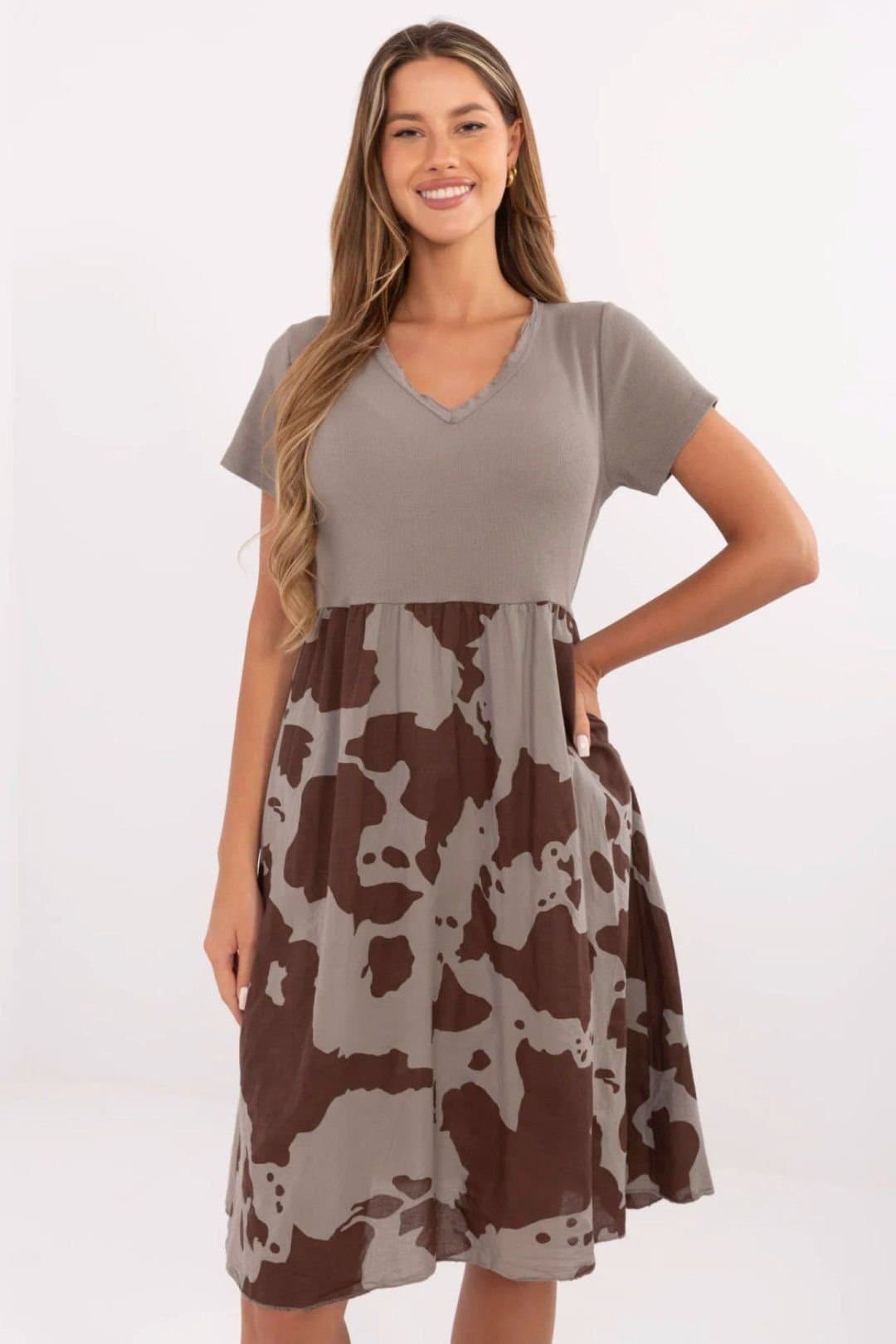 Love Lace Love Lace Women's Cotton Elastane Ribbed V Neck Animal Flare Dress in Taupe