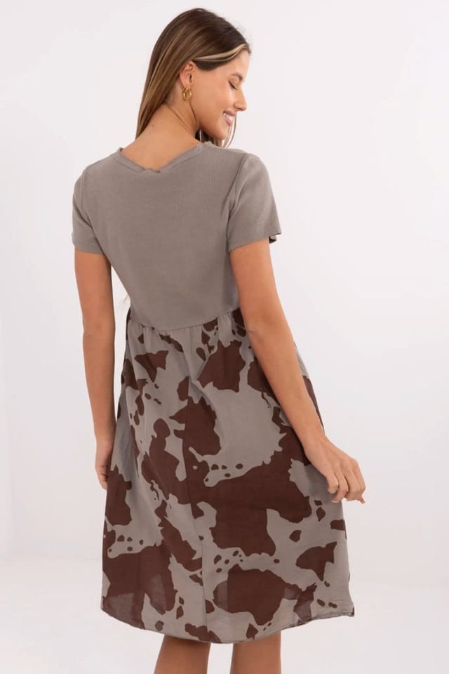 Love Lace Love Lace Women's Cotton Elastane Ribbed V Neck Animal Flare Dress in Taupe - 3