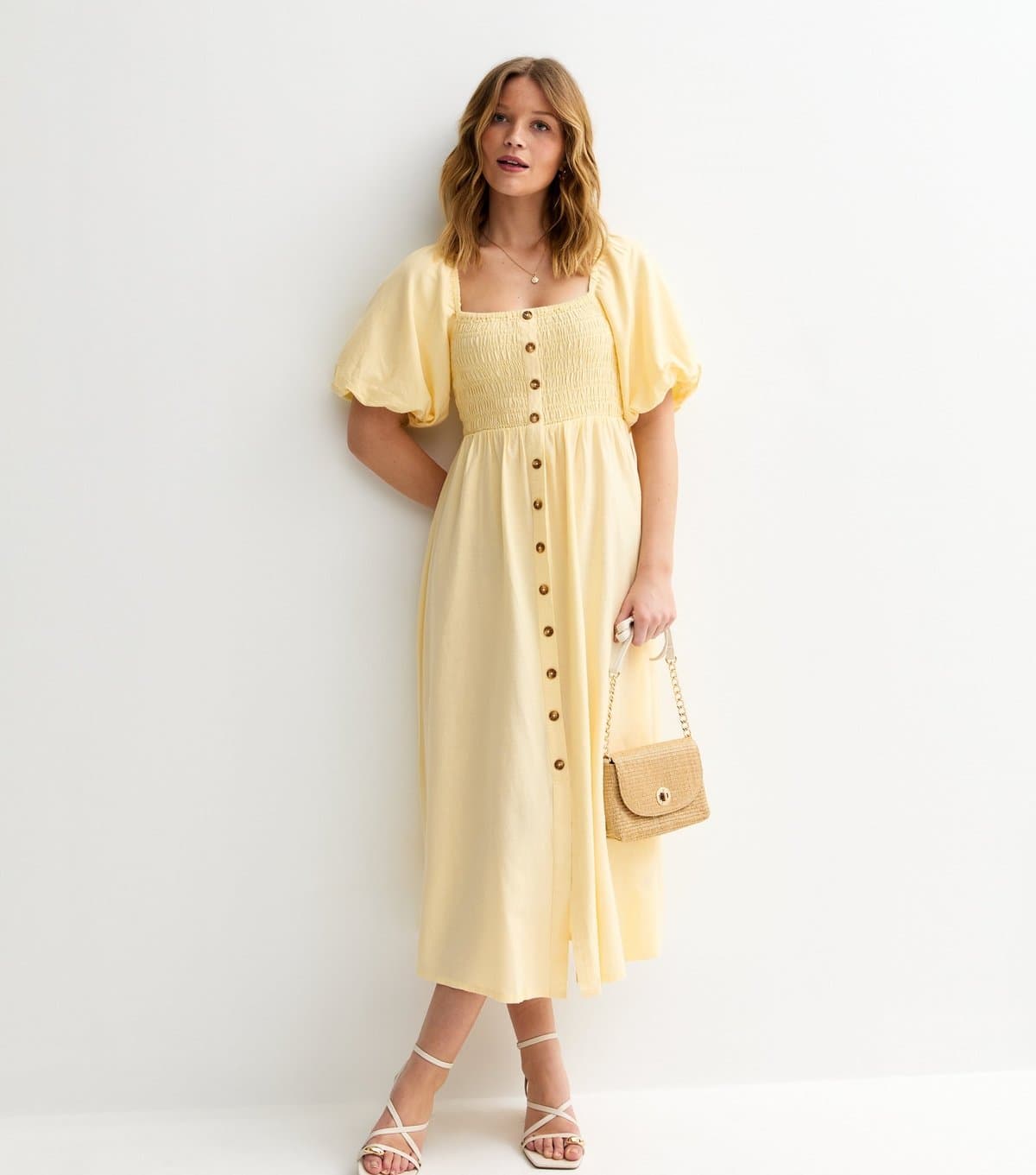 New Look Women's Light Yellow Faux Button Milkmaid Midi Dress New Look
