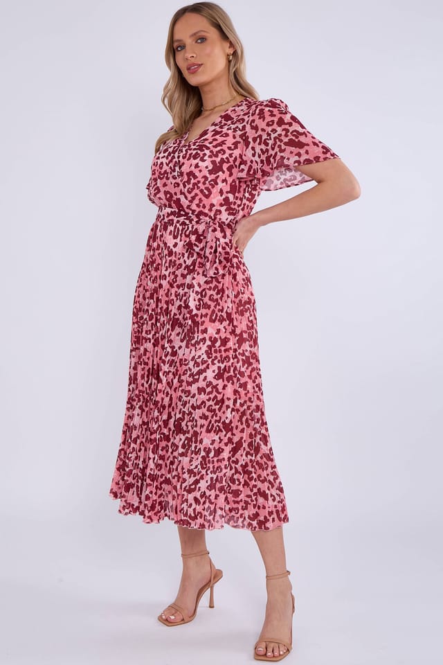 Gini London Gini London Women's Pink Animal Print Wrap Pleated Midi Dress - 3