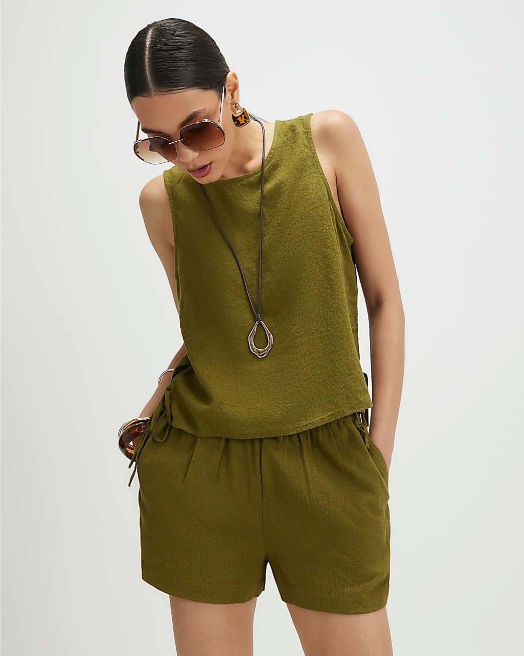 River Island River Island Womens Khaki Linen Blend Tie Side Tank Top