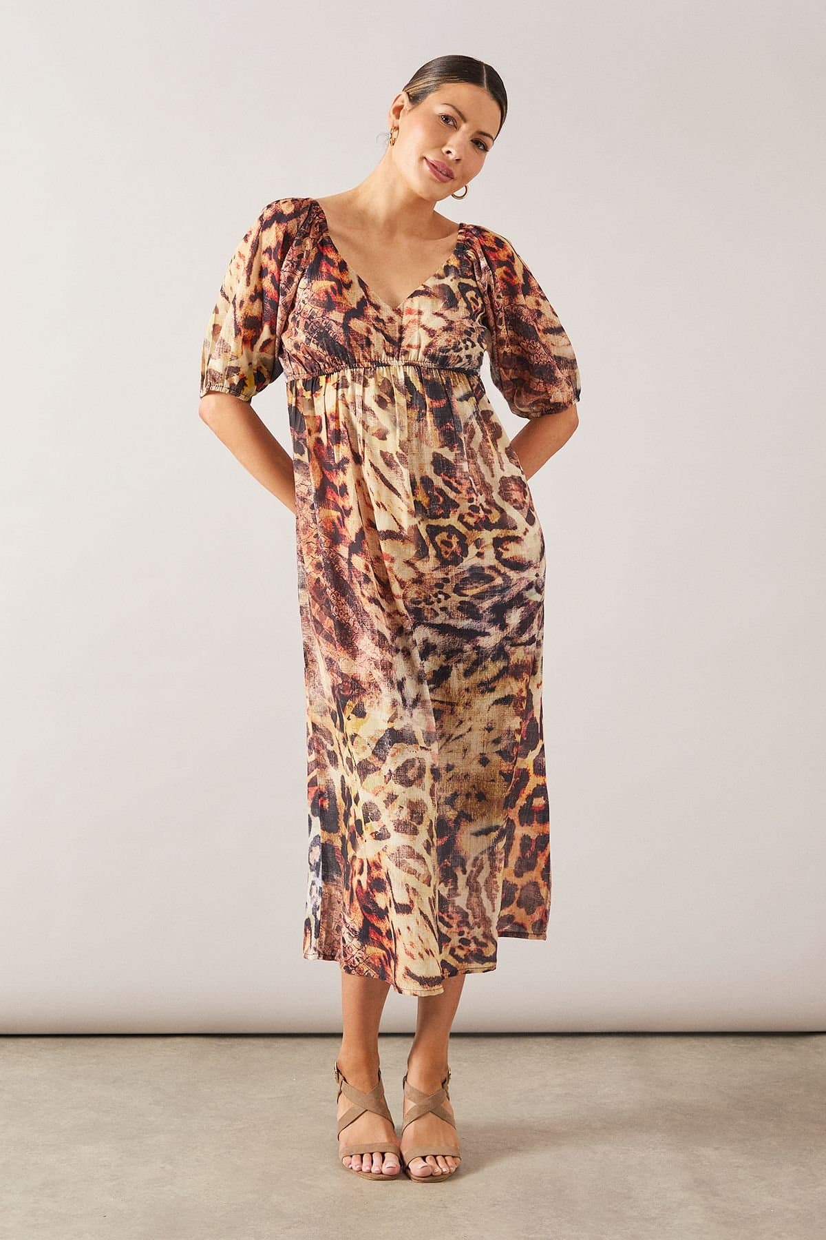 Wallis Wallis Women's Animal Puff Sleeve Midi Dress in Natural