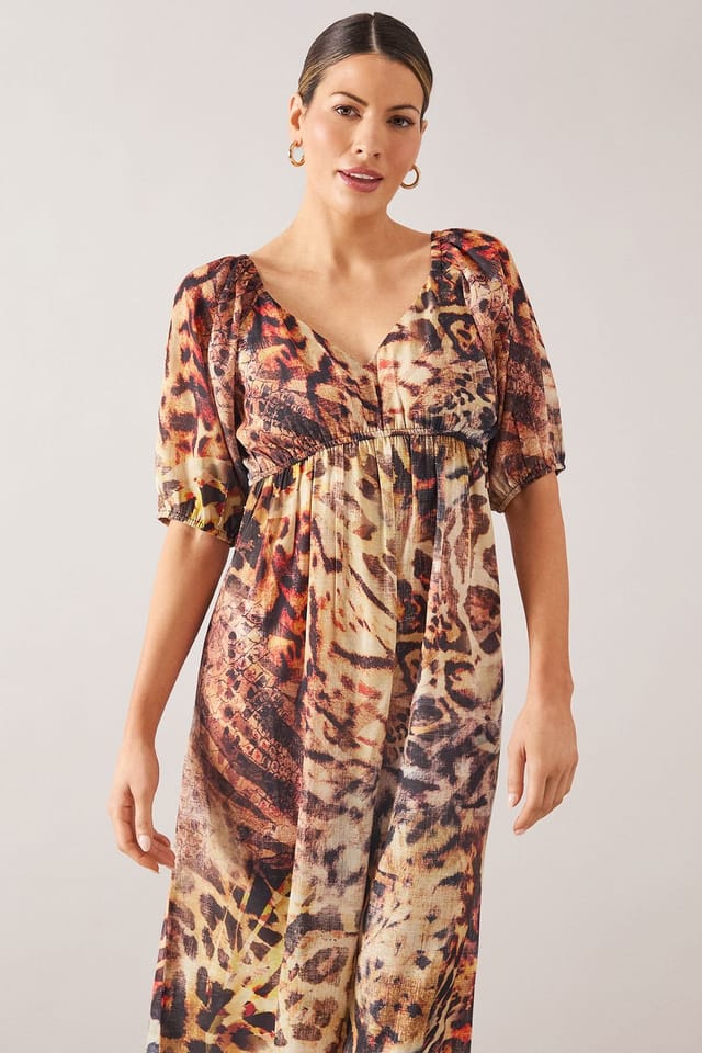 Wallis Wallis Women's Animal Puff Sleeve Midi Dress in Natural - 2