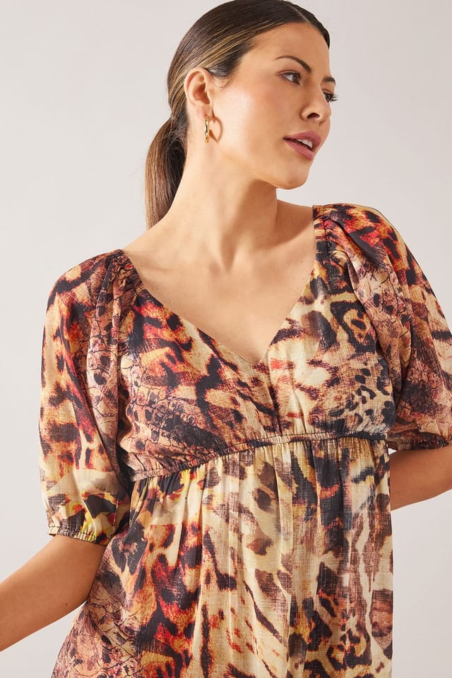 Wallis Wallis Women's Animal Puff Sleeve Midi Dress in Natural - 3