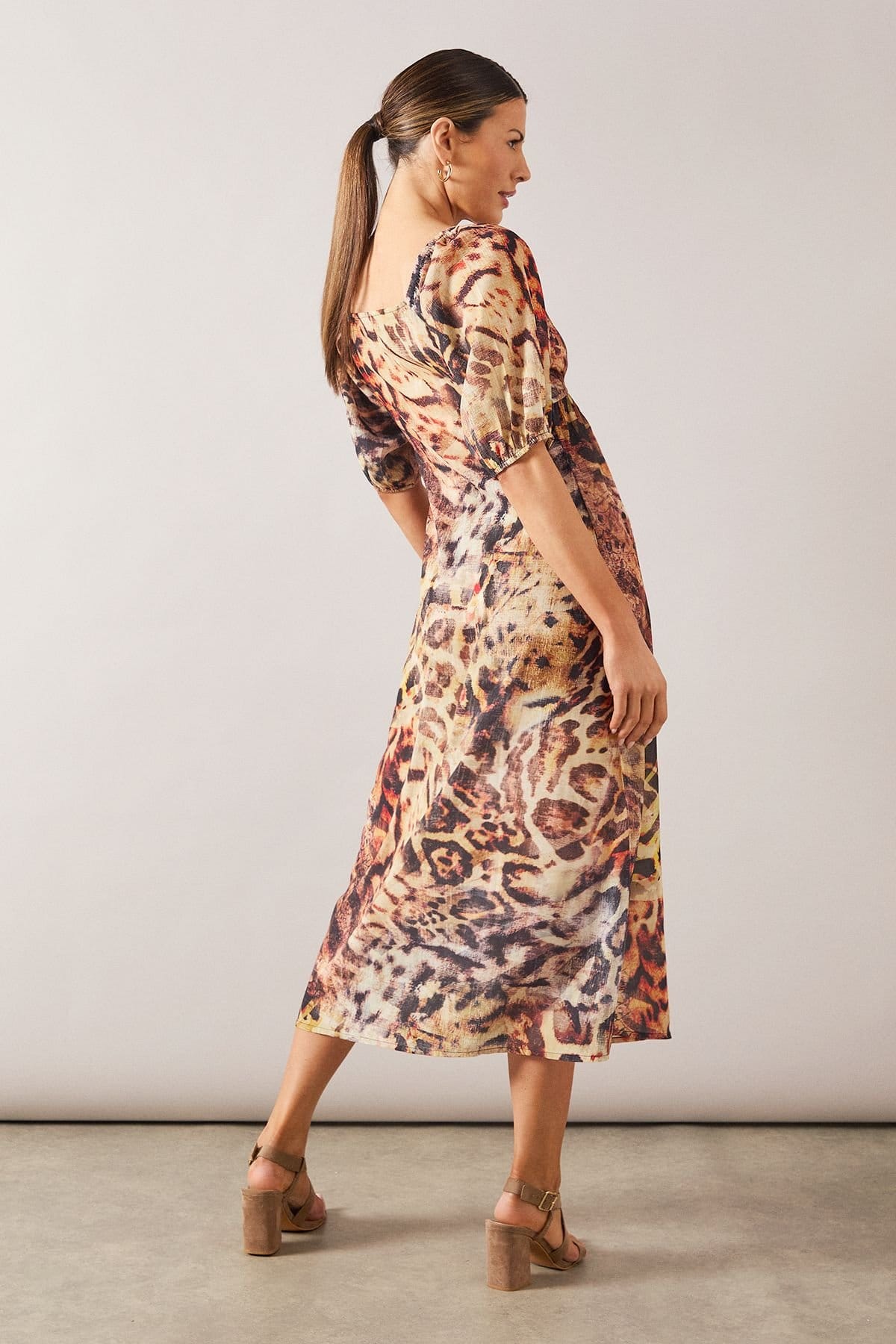 Wallis Wallis Women's Animal Puff Sleeve Midi Dress in Natural - 4