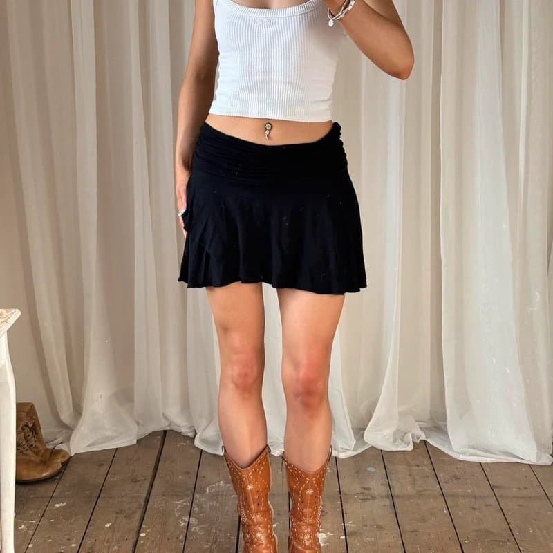 Topshop Y2k Black mini skirt with ruched waistband and elastic waist old label topshop