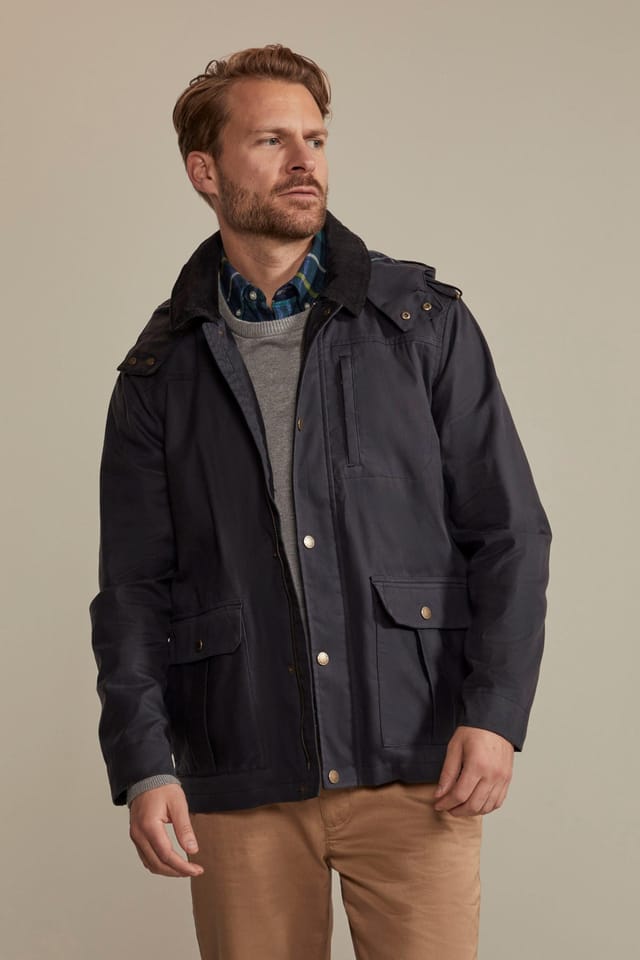 Hinter & Hobart Hinter & Hobart Men's 'Darlington' Breathable Casual Full Zip Waxed Cotton Hooded Jacket in Navy - 3