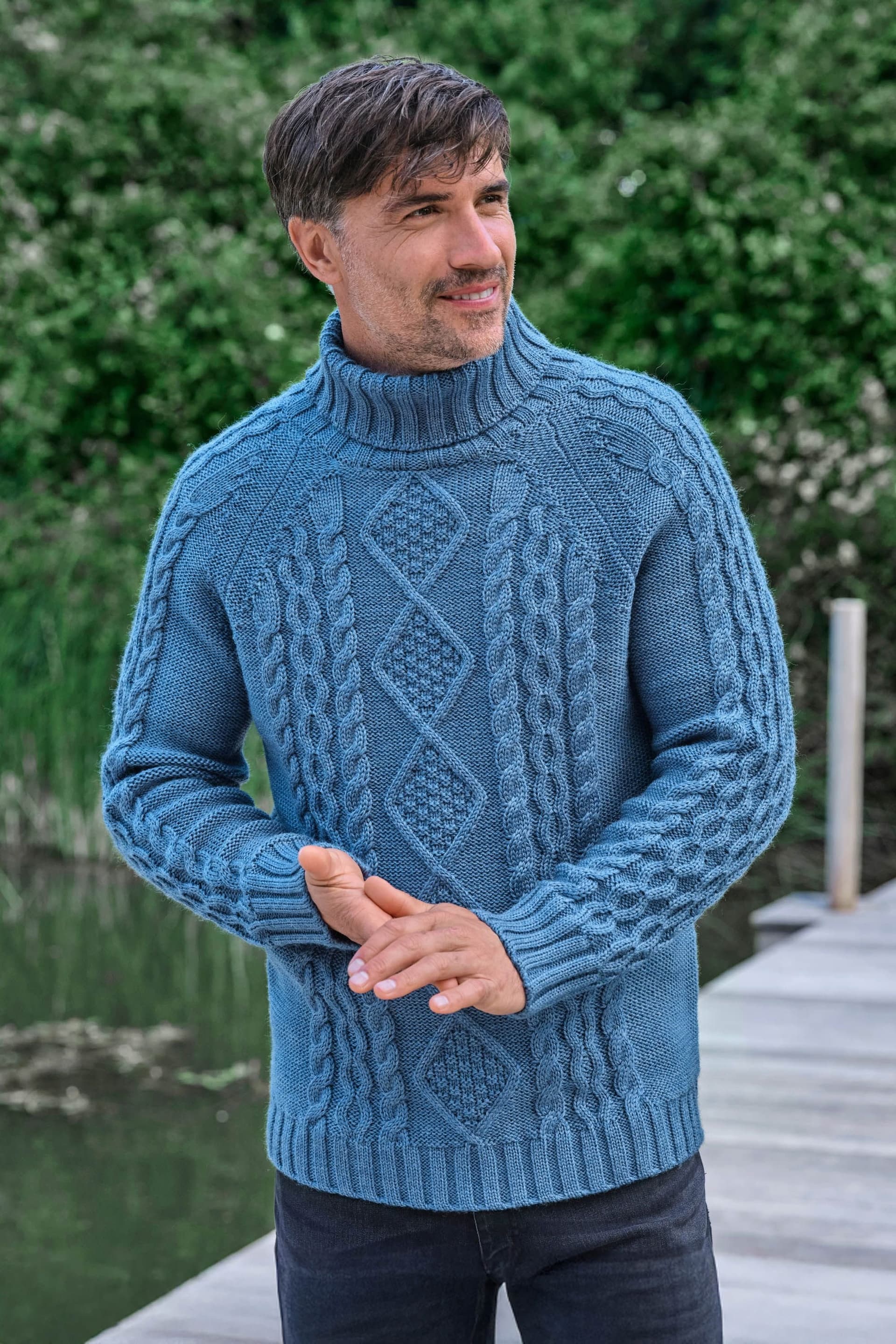 WoolOvers WoolOvers Men's Pure Wool Aran Polo Neck Jumper in Light Blue