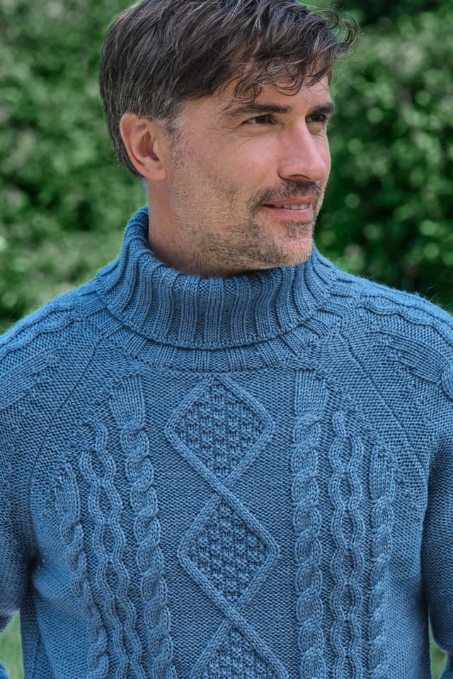 WoolOvers WoolOvers Men's Pure Wool Aran Polo Neck Jumper in Light Blue - 2