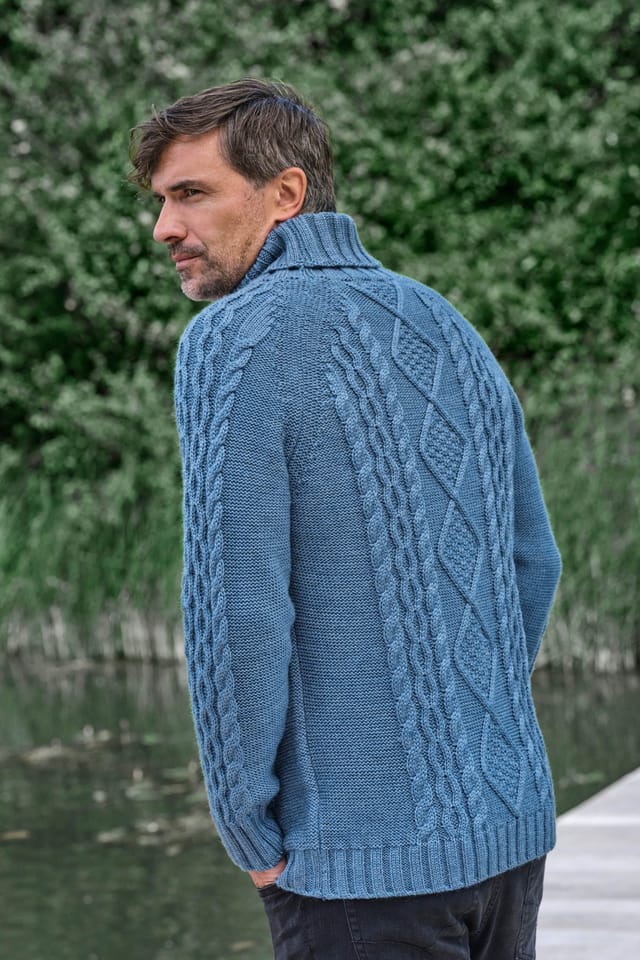 WoolOvers WoolOvers Men's Pure Wool Aran Polo Neck Jumper in Light Blue - 3