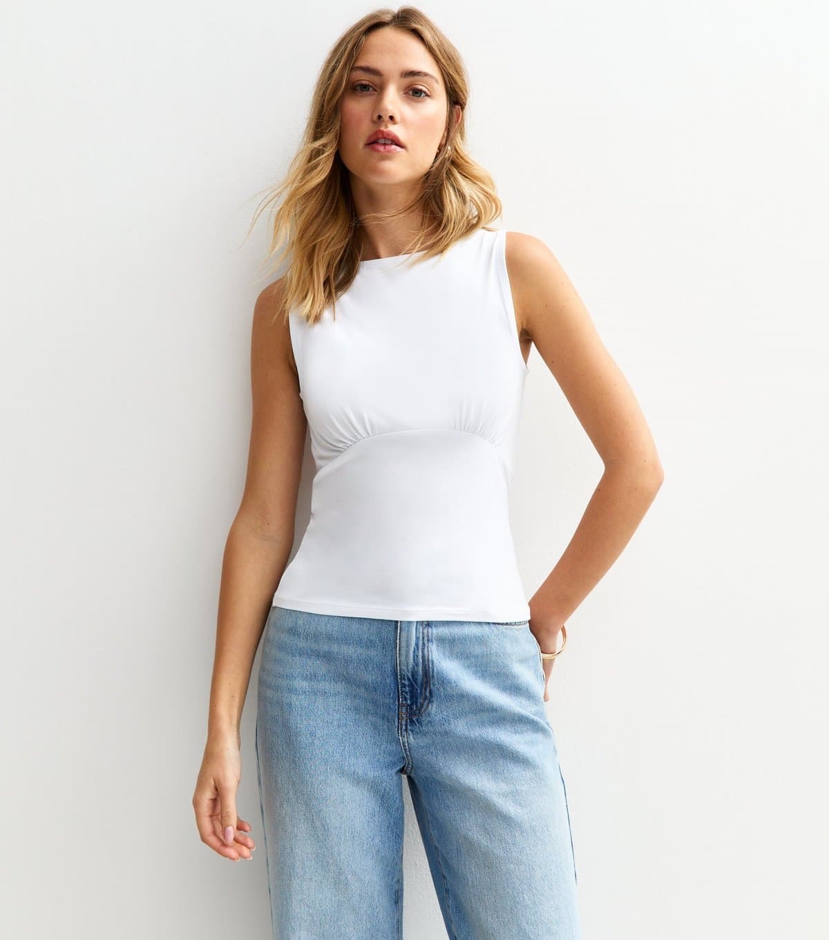 New Look Women's White Jersey Ruched Bust Slash Neck Vest Top New Look