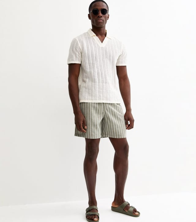 New Look Men's Green Regular Striped Drawstring Shorts New Look - 3