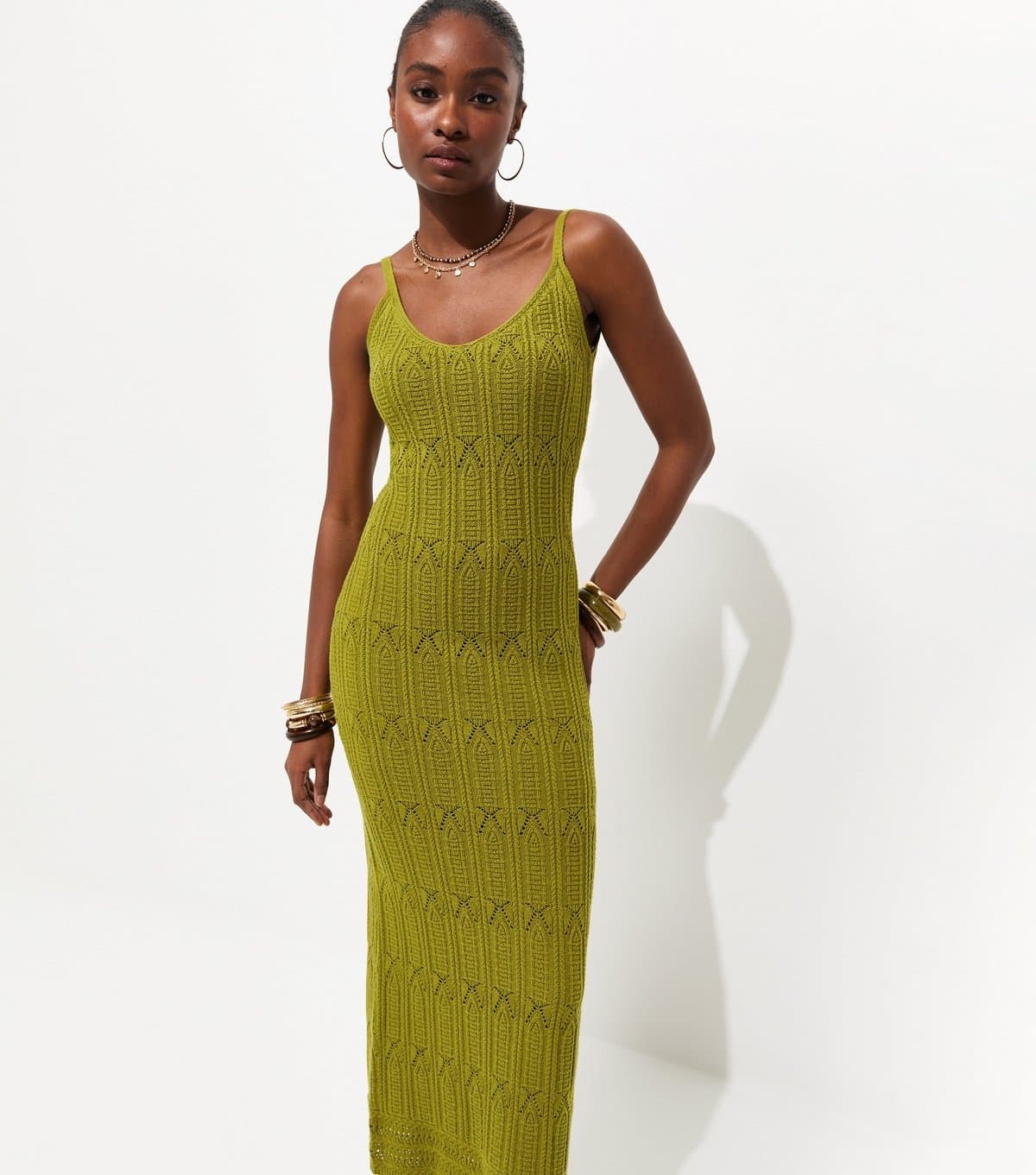 New Look Women's Green Cotton Rich Stitch Detail Maxi Dress New Look