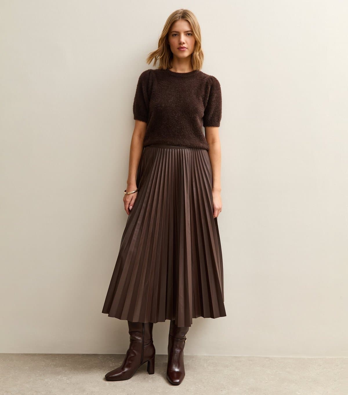 New Look Women's Dark Brown Faux Leather Pleated Midi Skirt New Look