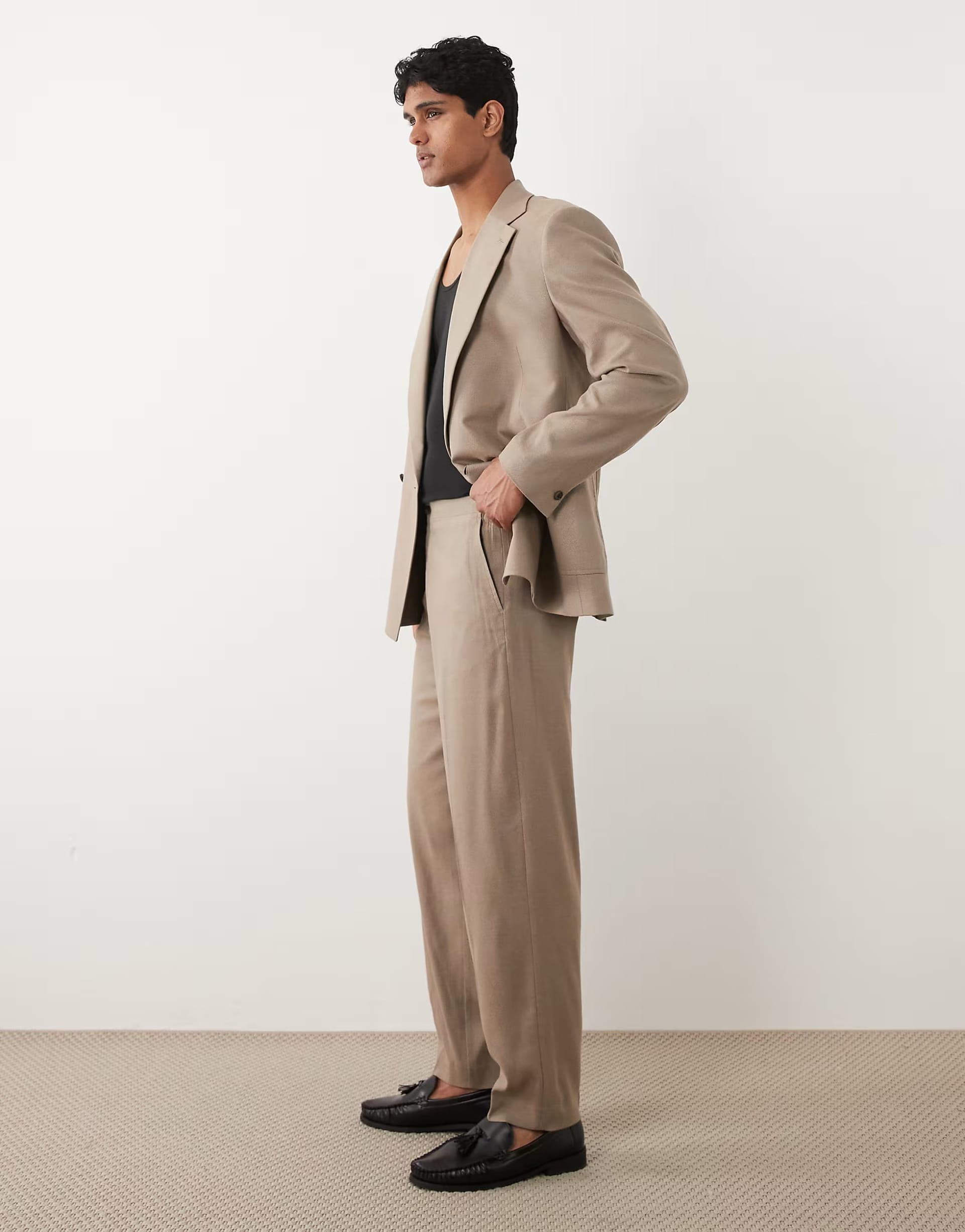 ASOS DESIGN Brown Textured Oversized Tapered Suit Trousers