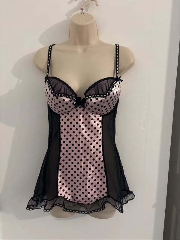 Ann Summers Y2K AnnSummers Black & Pink Polka Dot Babydoll Satin/lace Lingerie Dress