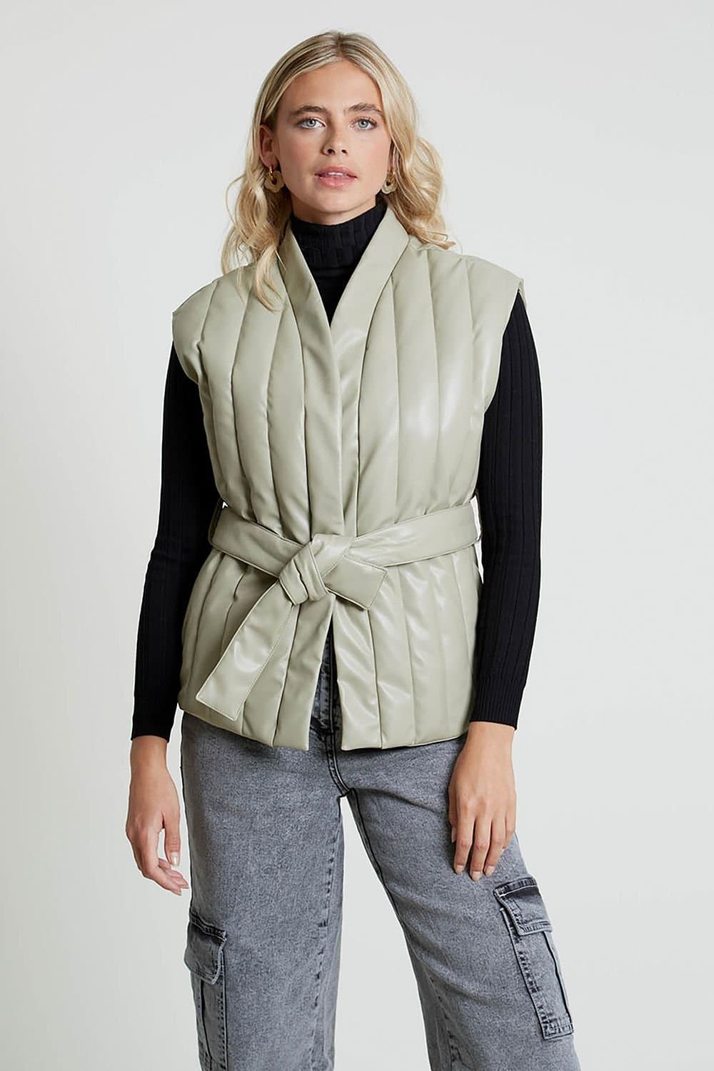 Native Youth Native Youth Women's Faux Leather Quilted Sleeveless Belted Gilet in Green