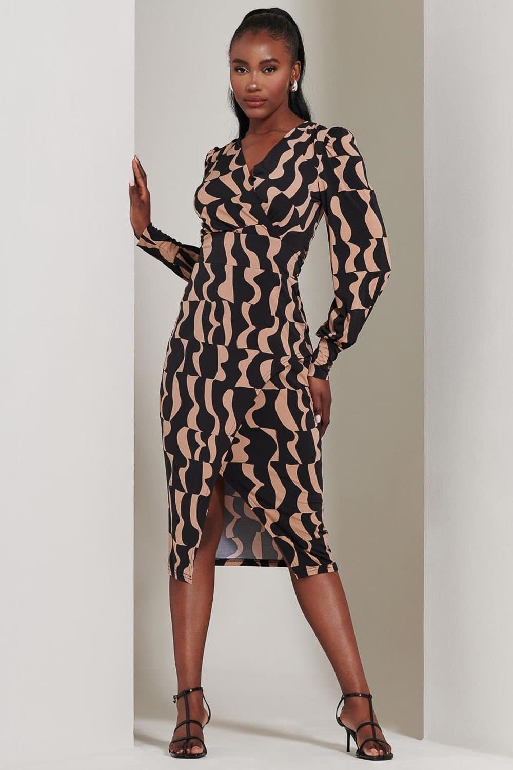 Jolie Moi Jolie Moi Women's Jersey Wrap Slit Pencil Dress in Brown