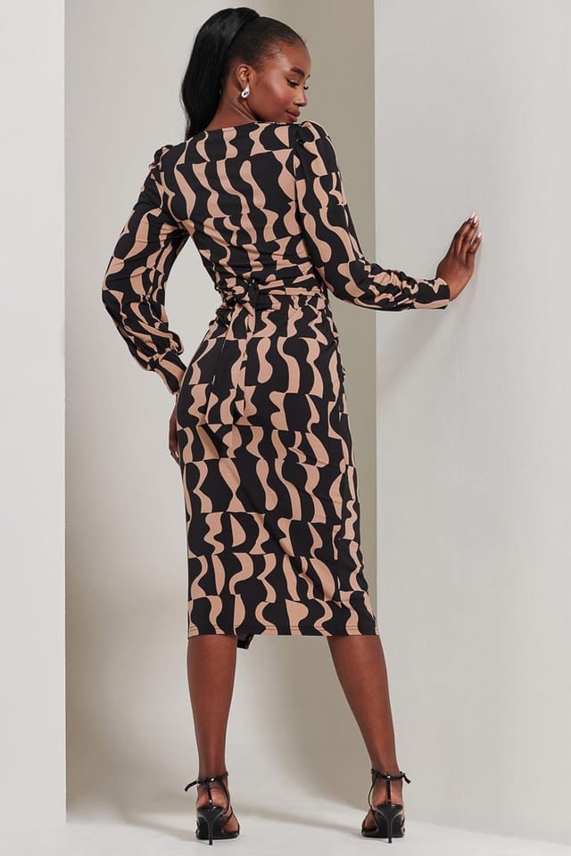 Jolie Moi Jolie Moi Women's Jersey Wrap Slit Pencil Dress in Brown - 2