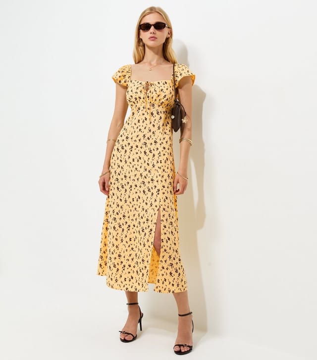 New Look Women's Yellow Ditsy Print Lace Trim Square Neck Midi Dress New Look - 3