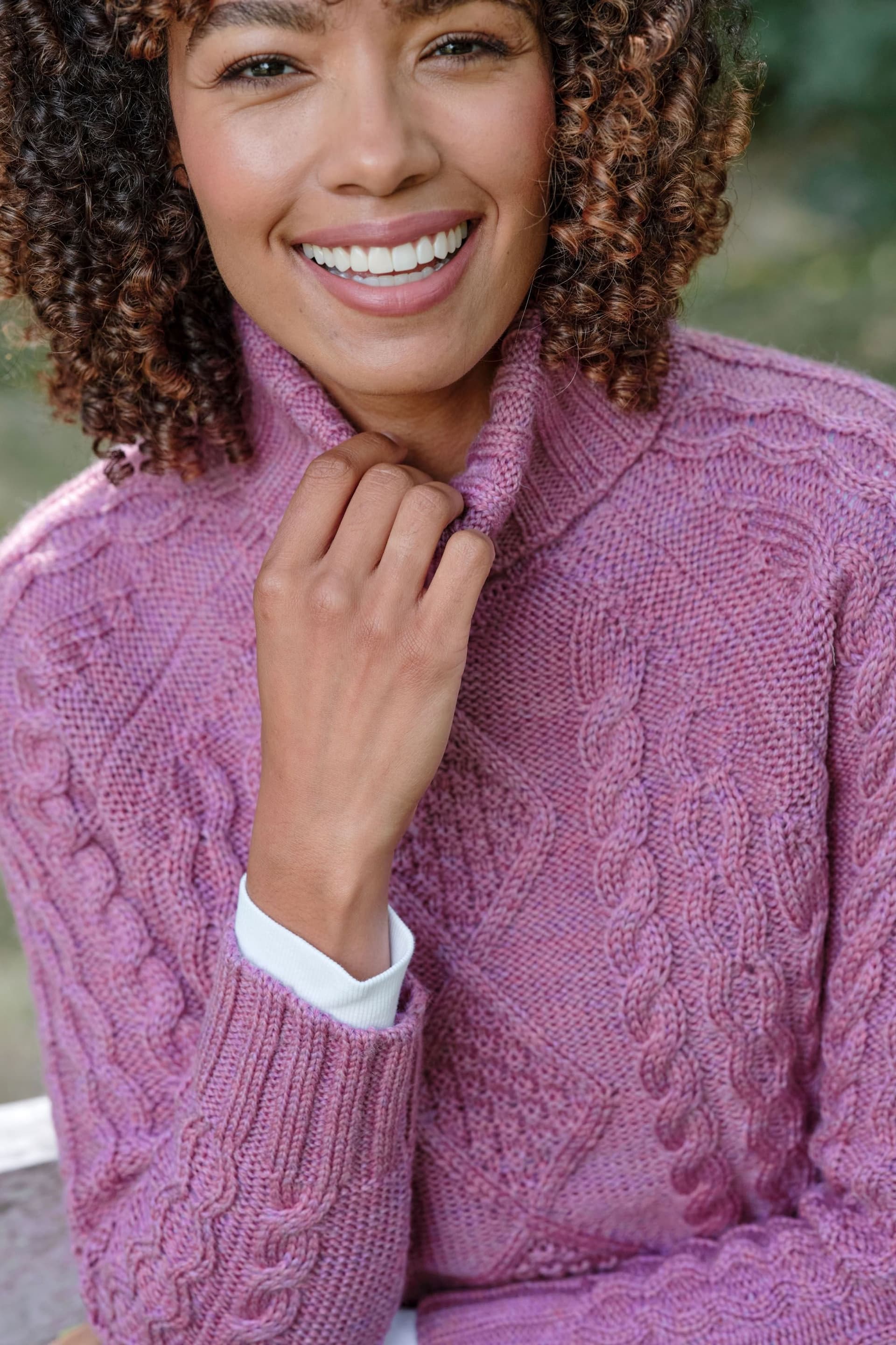 WoolOvers WoolOvers Women's Pure Wool Aran Polo Neck Jumper in Pink