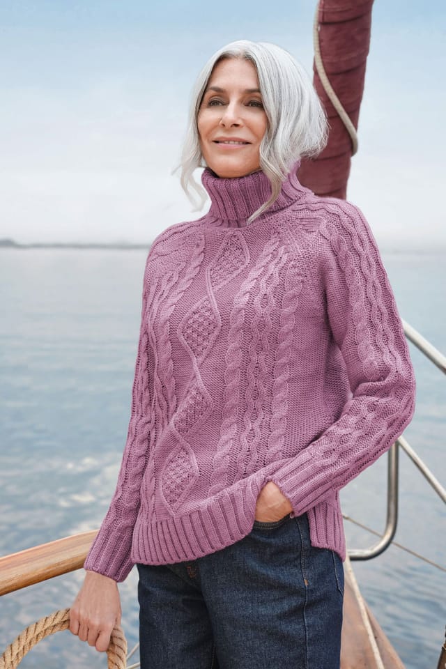 WoolOvers WoolOvers Women's Pure Wool Aran Polo Neck Jumper in Pink - 3
